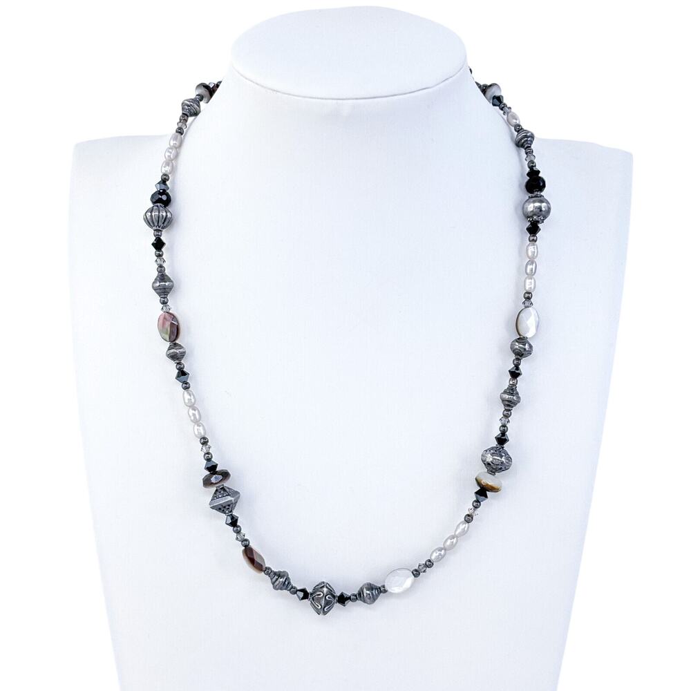 Vintage Sterling Silver 925 Pearl Abalone Beaded Necklace | 16"-17.5"